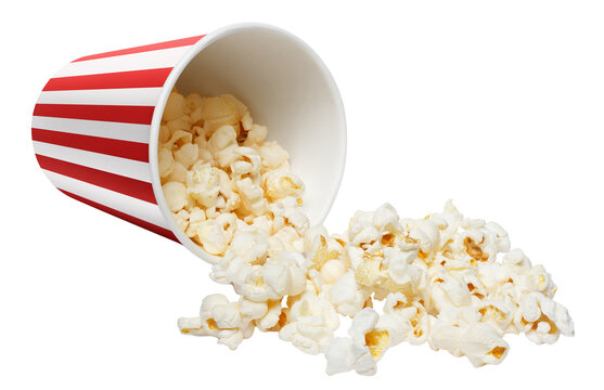 Popcorn spilling from striped bucket, isolated on cutout transparent background