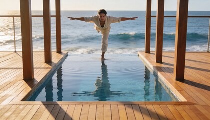 Obraz premium Man practicing yoga balance pose on a wooden deck by the ocean. Wellness and mindfulness concept at a luxury resort during golden hour. Male in linen clothes doing warrior pose over pool