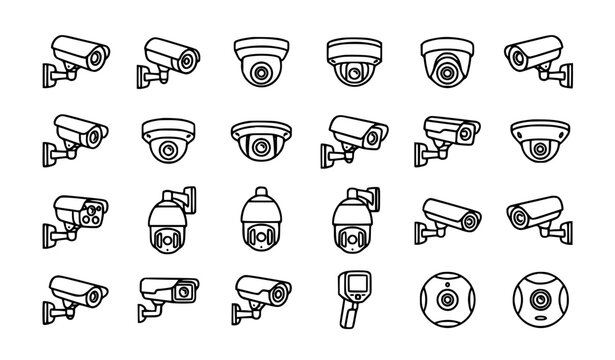 CCTV camera icons set black and white vector security surveillance outline UI collection