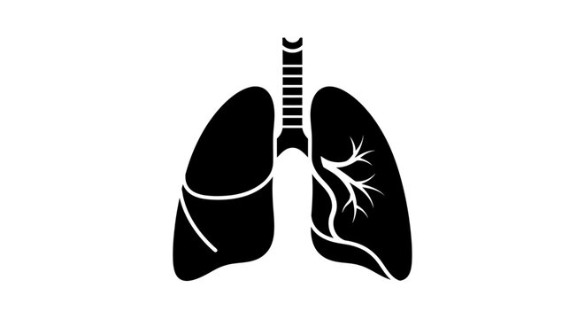 Stylized black icon of human lungs and trachea on white background