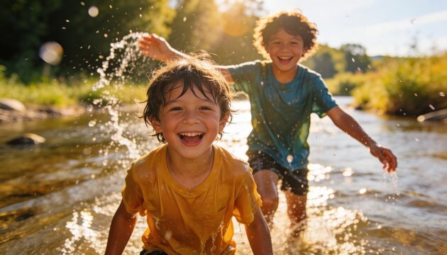 Two young boys laughing and splashing in a river. Happy children playing in water during golden hour. Summer childhood fun and outdoor adventure