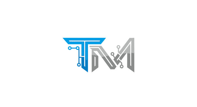 Modern futuristic tech logo with TM letters and circuit board elements