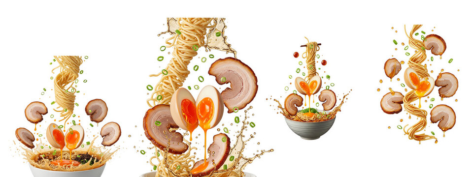 Floating ramen noodles with pork chashu and soft boiled egg on black