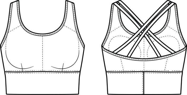 Sports bra flat sketch, activewear design, scoop neckline, crisscross straps, fitness garment, apparel illustration, clothing technical drawing, workout top