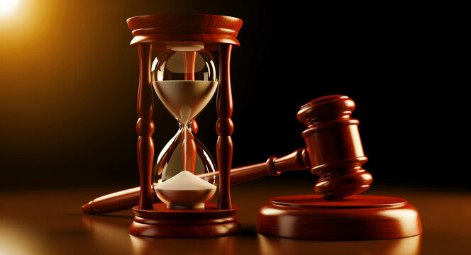 Wooden hourglass and judge's gavel on a dark surface with warm light. Sand flows representing legal deadlines and judicial process. Concept of law, justice, and time management in courtrooms.