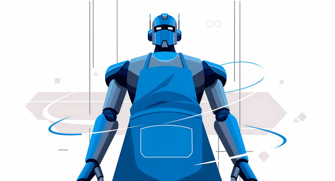 Blue humanoid robot wearing an apron in a minimalist digital space. Robotic character with sleek blue armor and service attire. Automation and AI service concept, ideal for tech marketing.