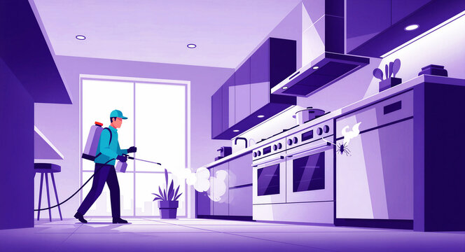 Pest control worker spraying insecticide in a modern kitchen. Professional exterminator treating a house for pests. Hygiene and sanitation service concept for home maintenance marketing.