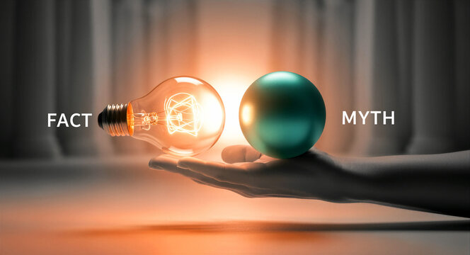 Hand holding a glowing light bulb and a green orb representing fact and myth. The image features a stark contrast between truth and fiction. Concept of fact-checking, ideal for news and media.