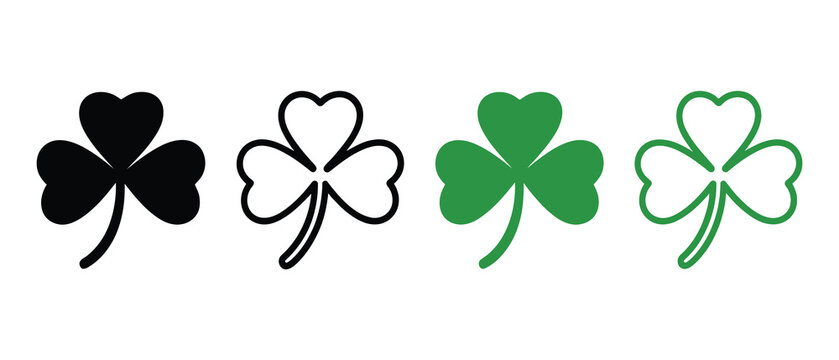 Four leaf clover heart icons designed in black white green and outline styles for holiday decoration Irish luck theme clean vector illustration