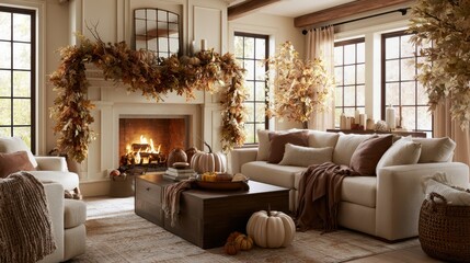 Naklejka premium Cozy autumn living room with fireplace and fall decorations