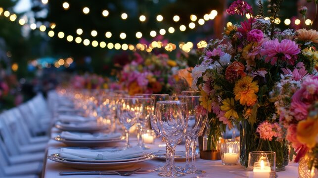 Elegant outdoor dinner party table setting with string lights and floral arrangements