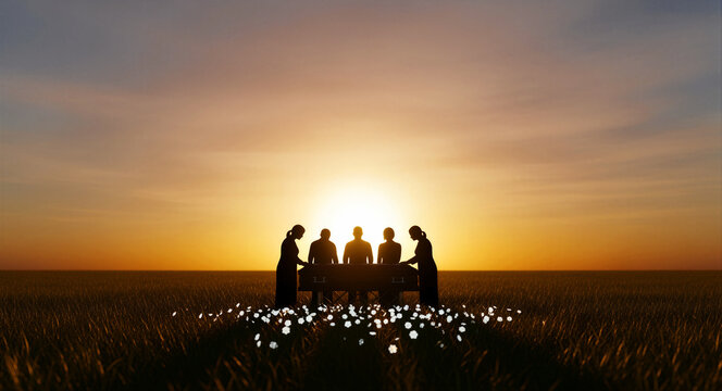 Silhouette of people gathered around a coffin in an open field at sunset. Family and friends mourn during a memorial service. Funeral ceremony concept for bereavement and end-of-life planning.