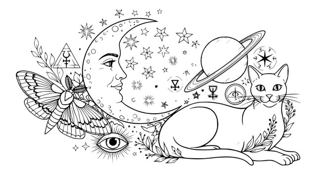 Mystical Cat, Crescent Moon, Stars, Planet and Moth - Esoteric Illustration