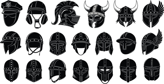 Stylized helmet illustration collection, historical and fantasy headgear, Viking, Roman, medieval, police, Norse mythology, costume design, digital art reference