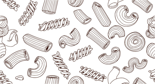 Hand-drawn pasta pattern, various shapes, isolated on white background, Italian food