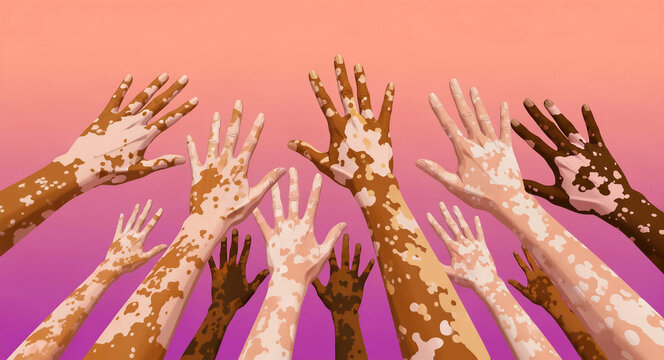 Hands with vitiligo patterns raised against a colorful gradient background. Illustration showcasing various skin tones and depigmentation. Inclusivity and body positivity concept for healthcare.