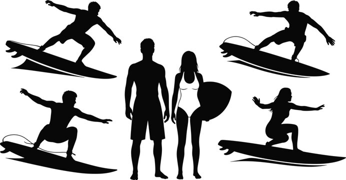 Surfing silhouettes riding waves, dynamic surf culture illustration, beach lifestyle art, ocean sport action, summer adventure concept, athletic surfboard performance