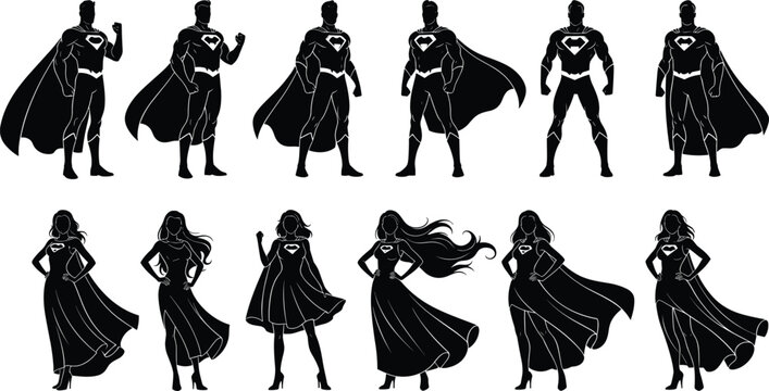 Superhero silhouette vector set, black white clipart of male female cape heart emblem hero design, comic illustration artwork bundle