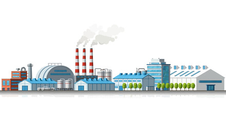 Obraz premium Industrial factory complex with multiple buildings, smoking chimneys, and storage tanks, symbolizing manufacturing and production in a city