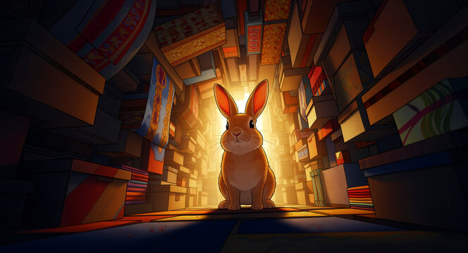 Cute orange rabbit sitting in the middle of a narrow alleyway surrounded by stacked boxes. Artistic digital illustration of a bunny in a warehouse with warm golden light. Whimsical animal concept.