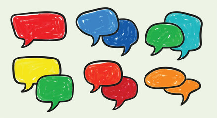 Hand drawn speech bubbles set, colorful doodle chat icons with crayon texture, sketchy dialogue balloons for social media and comic design © ronyroye