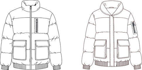Technical fashion sketch, puffer jacket illustration, winter outerwear design, garment flat drawing, couture coat concept, apparel template, clothing construction detail © Fenshi