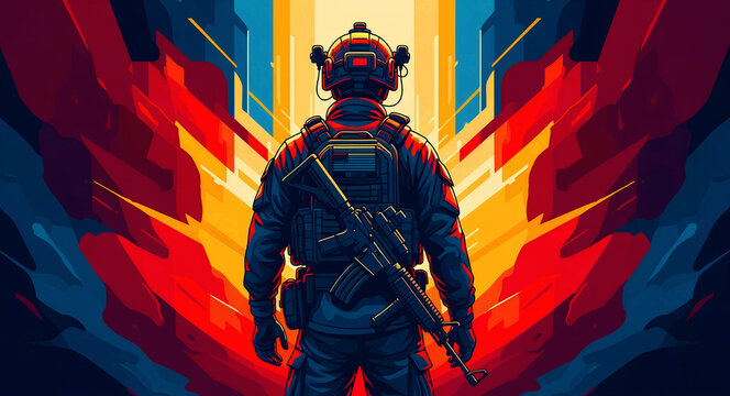 Soldier standing with a rifle on his back in a stylized illustration. Military personnel wearing tactical gear against a geometric background. Defense concept ideal for gaming and action media.