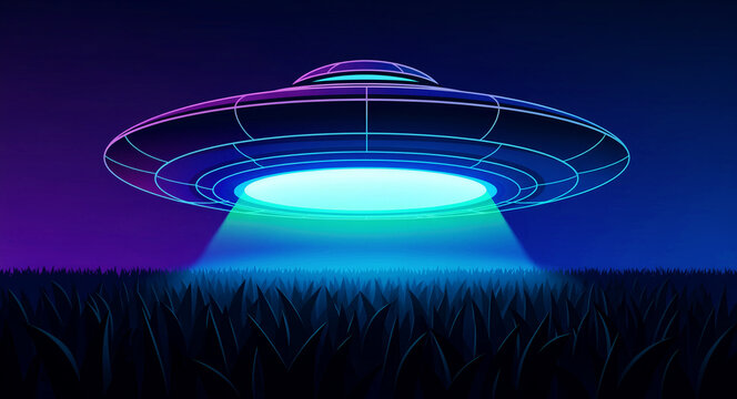 Neon UFO hovering over a dark field with a bright light beam. Retro synthwave style illustration of an alien spacecraft. Sci-fi mystery concept ideal for cinematic space and technology themes.