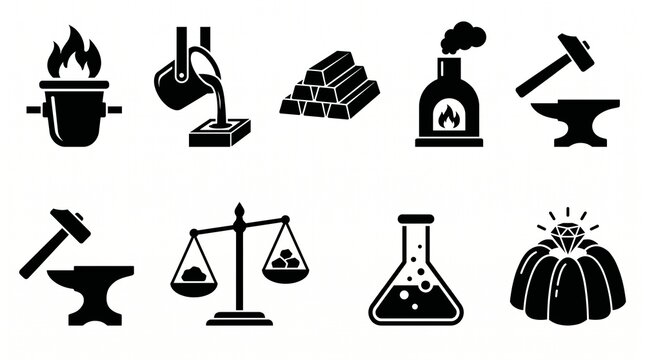 Industrial metallurgy icons featuring crucible, molten metal, ingots, furnace, hammer, anvil, balance scale, flask, casting mold, and scientific processes.