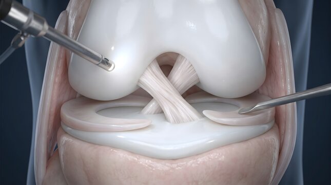Arthroscopic knee surgery procedure with meniscus repair and ligament visualization medical illustration
