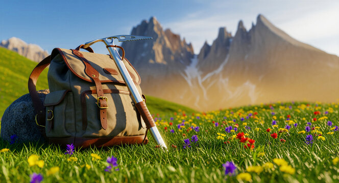 Vintage backpack and ice axe on a wildflower meadow with sharp mountains. Alpine gear rests in front of dramatic rocky peaks at sunrise. Travel and hiking concept for outdoor adventure marketing.