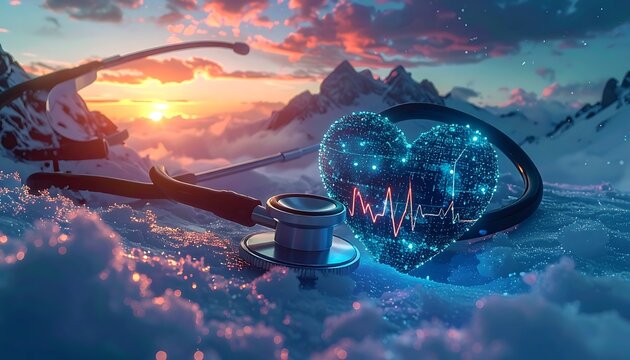 A stethoscope on snow with a glowing blue heart and mountain range