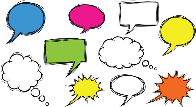 Hand drawn speech bubbles set, colorful comic book thought clouds, 10 sketch style dialogue balloons for social media and marketing communication