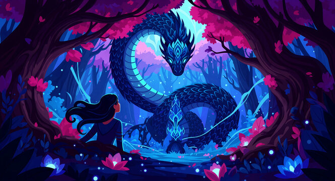 Girl encountering a giant mystical dragon in a glowing enchanted forest. The serpentine beast winds through vibrant pink trees and blue foliage. Fantasy adventure concept for storytelling.
