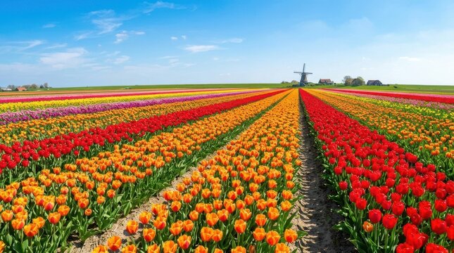 Vibrant tulip fields in bloom with a traditional Dutch windmill in the distance