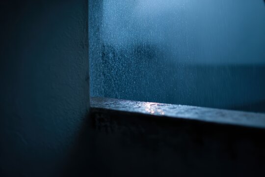 夜の暗い部屋の窓に雨が降る