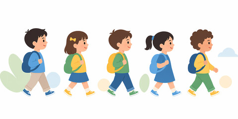 Fototapeta premium Kids Walking to School on White Background for Education Concept