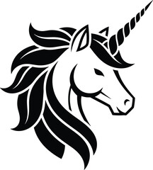 Unicorn silhouette vector illustration, black white clipart of mythical creature head horn mane fantasy design, magical artwork bundle for decorative themes © Fenshi
