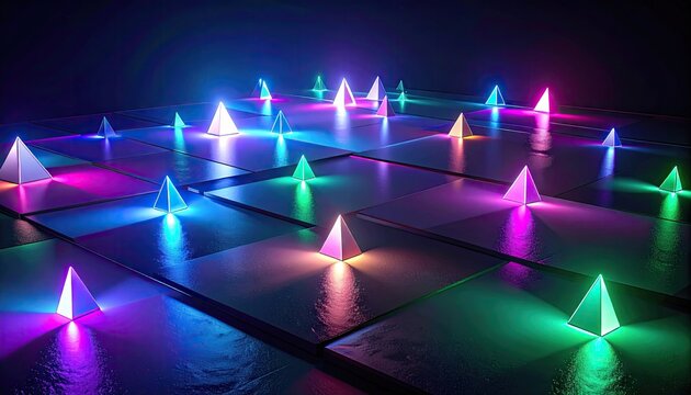 Abstract glowing pyramids on gridded surface with vibrant neon illumination