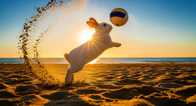 White rabbit jumping on a beach to hit a volleyball at sunset. Athletic bunny playing sports on the sand with golden hour lighting. Whimsical animal concept for creative ads and summer themes.
