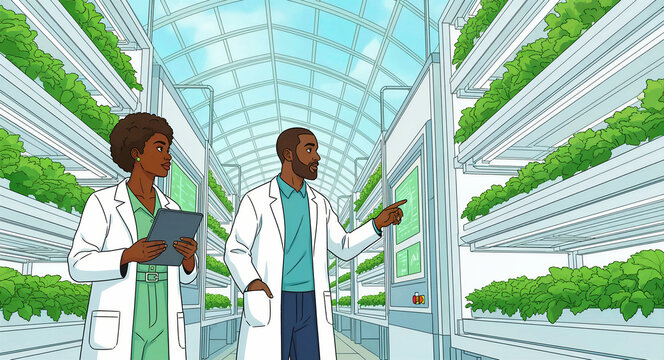 Scientists monitoring plant growth in a vertical farm. Black man and woman in lab coats use digital tablets in a high-tech greenhouse. Sustainable agritech and smart farming research concept.