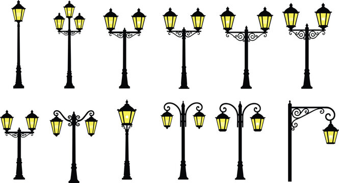Vintage street lamp illustration collection, ornate black designs, glowing yellow lights, urban architecture, outdoor lighting fixtures, decorative poles, creative artwork reference