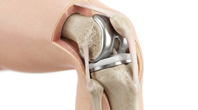 Total knee replacement surgery implant showing artificial joint prosthesis medical illustration