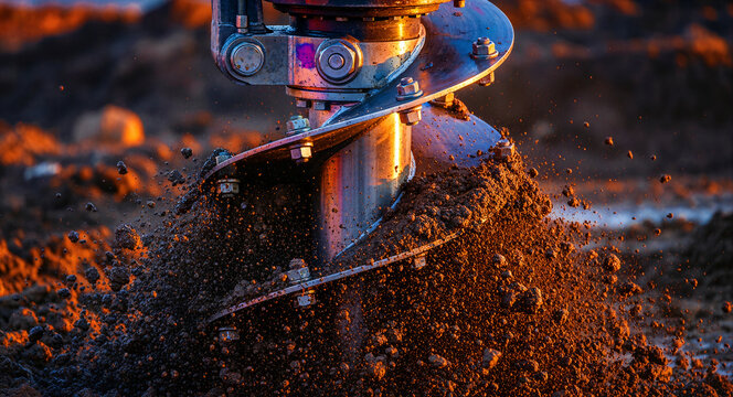 Close-up of a heavy-duty mechanical auger drilling into the earth at a construction site. The spiral drill bit rotates rapidly, churning up dark soil. Ideal for industrial development projects.