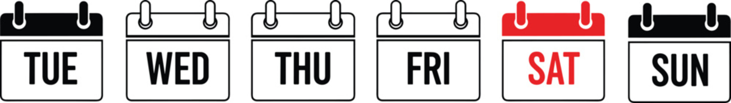 Weekly calendar icons, day markers, Tuesday, Wednesday, Thursday, Friday, Saturday, Sunday, schedule design, planner, time management, organization, date symbols