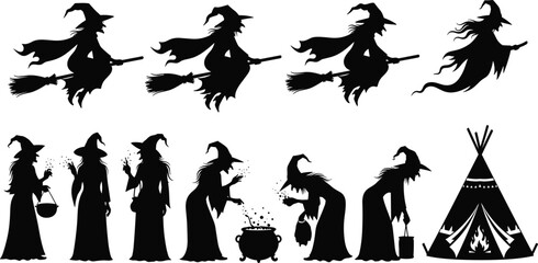 Witch silhouette illustration set, flying broomstick witches, Halloween folklore artwork, spooky witchcraft design, magical cauldron scene, teepee tent with fire symbol © Fenshi