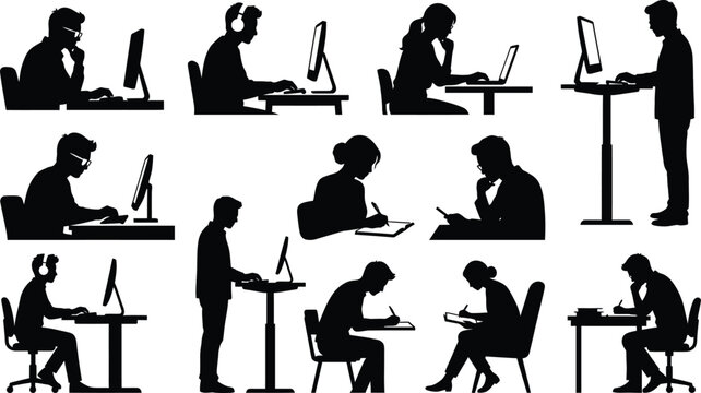 People working on laptops and computers in different styles isolated on white background, Vector