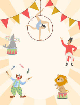 Vintage style vertical template for circus party invitation. The illustration features five classic characters in a circle, including an aerial hoop acrobat a ringmaster a juggling clown a seal with 