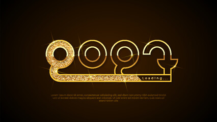 Fototapeta premium Progress bar with golden particles on black Download New Year's Eve. Loading animation screen with Glitter confetti shows almost reaching 2027. Creative festive banner with shiny progress bar.
