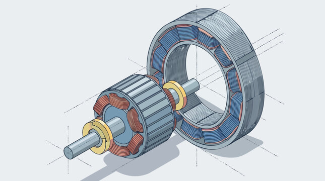 Technical illustration of an electric motor's internal components, showing rotor and stator for efficient energy conversion